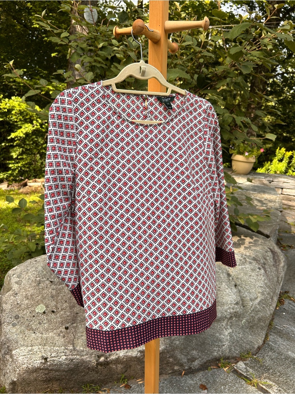 J. Crew Red and White Geo Print Long Sleeve Top